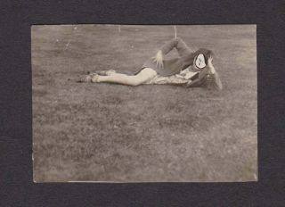 Odd Young Lady W/no Face? Laying Lawn Hand Hip Old/vintage Photo Snapshot - E147