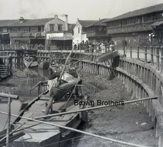1900s Historic China Low Tide On River Canal Boat Glass Photo Camera Negative Bb