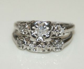 14k White Gold Ladies Diamond Vintage Engagement Wedding Bridal Set Ring Sz7.  5