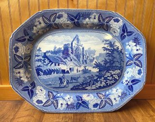 1800s Antique Blue & White British Scenery Staffordshire Transferware Platter