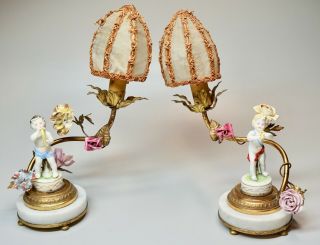 2 Antique French Hand Painted Porcelain Boudoir Cherub Lamps For Repair 9 " H