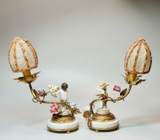2 Antique French Hand Painted Porcelain Boudoir Cherub Lamps FOR REPAIR 9 