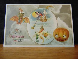 Vtg 1914 Halloween Wish Postcard John Winsch Bats Jol Witch 3940 Series 450/21