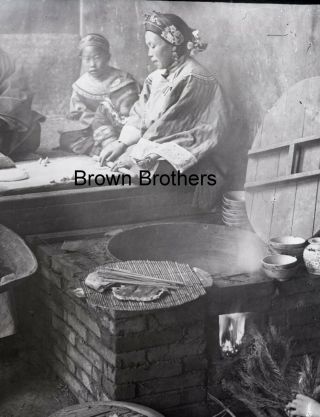 1900s Historic China Women Cooking On Brick Stove Glass Photo Negative - Bb