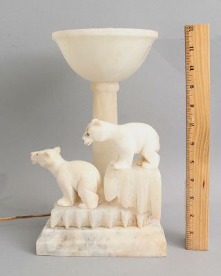 Antique Early 20thc Carved Alabaster,  Polar Bear Cubs & Ice,  Table Lamp,  Nr