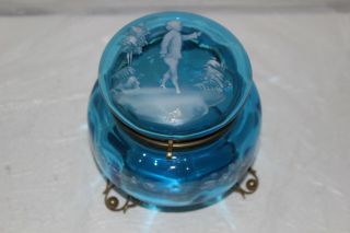 Antique Hand Painted Mary Gregory Blue Glass Hinged Trinket/powder Box/jar - Moser