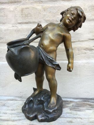 Stunning Antique Spelter Statue Of A Young Boy By Auguste Moreau,  Foundry Stamp