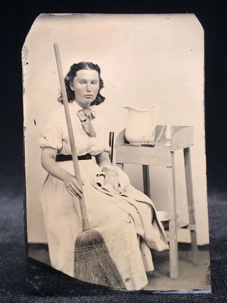 Rare 1/6 Plate Female Occupational Tintype - Pretty Maid Housekeeper With Tools
