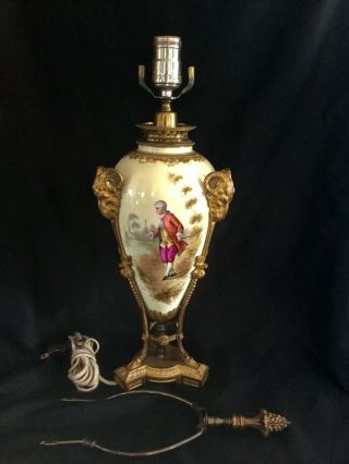 Antique Hand Painted French Porcelain Lamp - Urn Gildad Bronge Ram Heads & Stand
