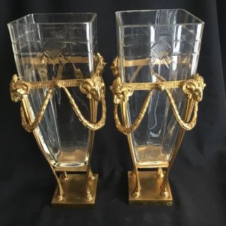 Exquisite Pair Antique French Cut Crystal Vases With Rams Heads Gold Gilt Ormolu