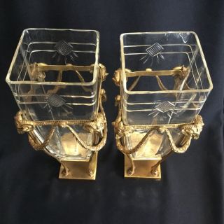 Exquisite Pair Antique French Cut Crystal Vases with Rams Heads Gold Gilt Ormolu 2