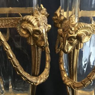 Exquisite Pair Antique French Cut Crystal Vases with Rams Heads Gold Gilt Ormolu 3