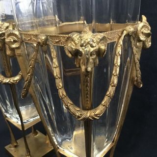 Exquisite Pair Antique French Cut Crystal Vases with Rams Heads Gold Gilt Ormolu 4