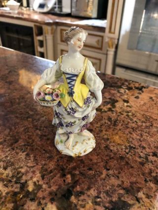 Fine Antique Meissen Porcelain Figurine Young Lady With Vase Of Flowers