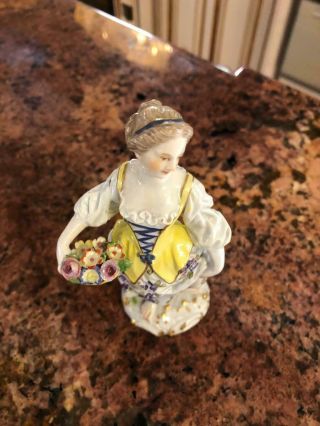 Fine Antique Meissen Porcelain Figurine Young Lady With Vase Of Flowers 2