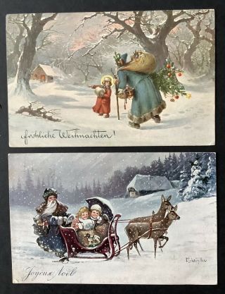 Vintage Santa Postcards (2) Blue Robes,  Angel Points Way,  2 Ride In Sleigh