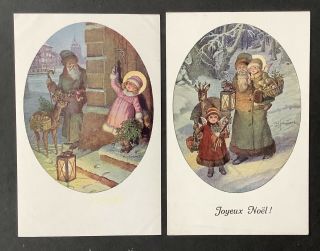 Vintage Santa Postcards (2) Green Robes,  Sweet Angels Set In Ovals,  A/s Schubert
