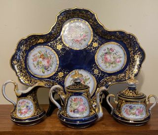 Antique Porcelain 4 Pc Tea Set W/ Tray Cobalt W/ Hand Painted Florals Early 1800