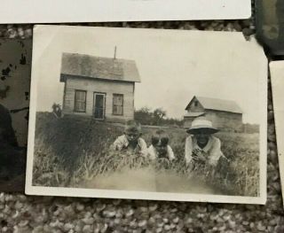 Vintage Black And White Old Farmhouse Photo With 3 Children In Grass Snapshot
