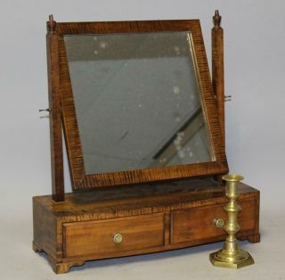 Rare 19th C Dressing Mirror With 2 Drawers Bracket Feet In Screaming Tiger Maple