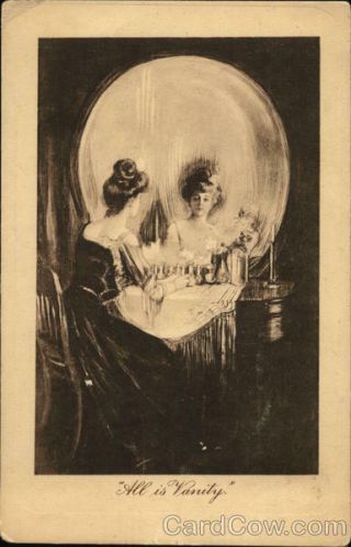 Metamorphic Skull Woman Seated At Vanity With Large Mirror Postcard Vintage