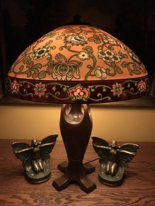 Handel Arts Crafts Reverse Painted Antique Lamp Pairpoint Bradley Hubbard Era Nr
