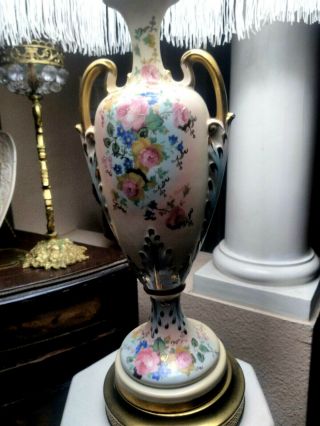 Antique Handpainted French Floral Porcelain Lamp Shabby Chic 32 "