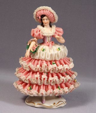 Dresden Lace Ballerina Girl Figurine Germany Pink Large Flowers