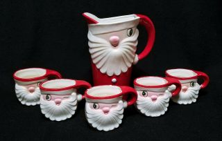 Vintage Hh Holt - Howard Winking Santa Claus Pitcher And 5 Cups Mugs 1959