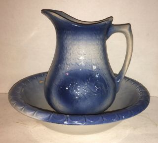 Antique Blue & White Stoneware Wild Rose Pitcher & Wash Bowl Basin