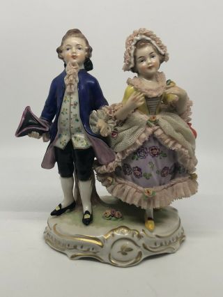 Antique Vintage Dresden Lace Porcelain Figurine Couple Capodimonte Style Germany