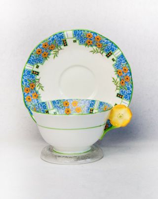 Rare Aynsley Flower Handle Tea Cup Saucer Blue 1930s
