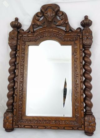Antique French Wood Oak Hand Carved Wall Mirror Twisted Column Black Forest