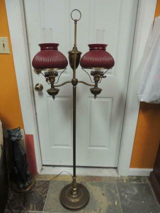 Antique Double Hurricane Style Floor Lamp Ribbed Glass Shades Electric Oil Gas 2