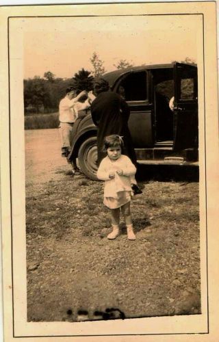 Old Vintage Antique Photograph Little Girl With Family By Antique Car
