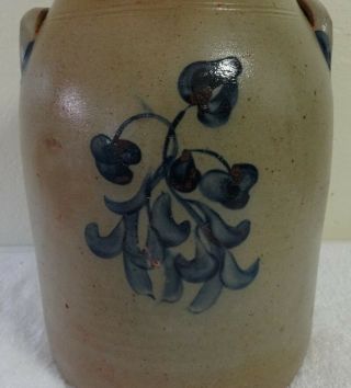 Antique 3 Gal.  Stoneware Jar Cobalt Decorated Floral Design N.  E.  Estate 2