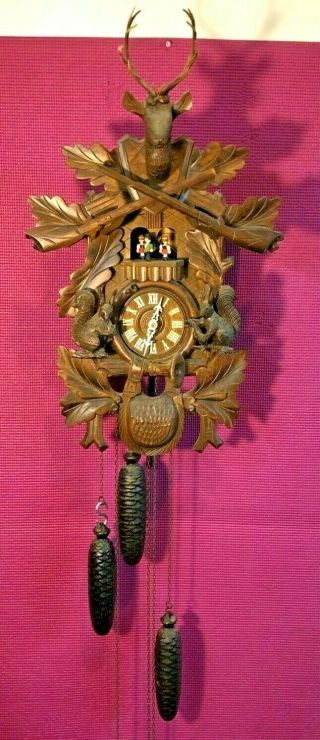 Antique 3 - Weight Cuckoo Clock Walzer Wood Rabbit Deer Bird Elk Germany