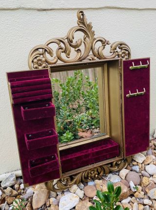 Rare Vintage Hanging Jewelry Box & Mirror French Louis Xvi Rococo Style Gold