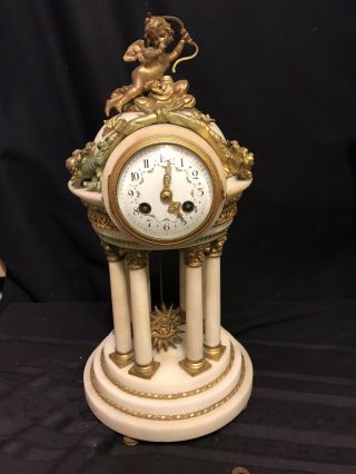 Antique French Marble Ormolu Bronze Dore Portico Mantel Clock Cherub W/bow Top