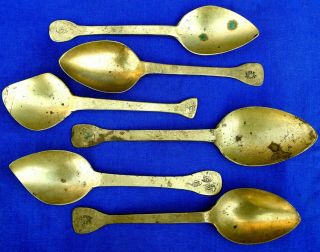 Rare Set Of 6 Signed 18th Century French Latten (brass) Spoons Circa 1725