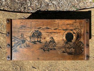 VINTAGE 1950 ' s STRAND WOODEN TOY CHEST COWBOYS,  INDIANS,  HORSES PAINTED WESTERN 3