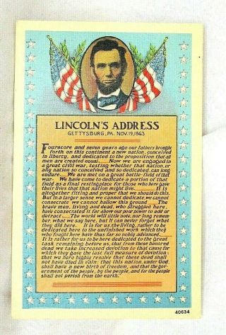 Vintage Linen Lincoln ' s Gettysburg Address Metrocraft Postcard Unposted 2