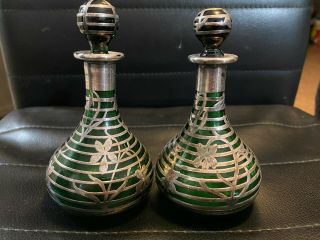 Antique Art Nouveau Sterling Silver Emerald Green Glass Perfume Bottles Pair Set