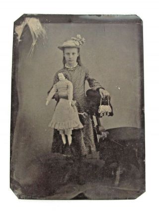 Antique Tintype Young Girl Holding A Large Porcelain Doll And Iroquois Purse