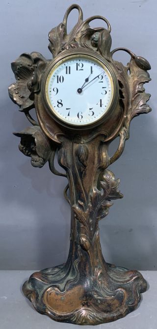 Lg Ca.  1900 Antique French Old Art Nouveau Era H&h Floral Flower Mantel Clock