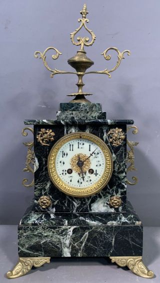 19thc Antique French Victorian Era S.  Marti Old Marble & Brass Mantel Clock
