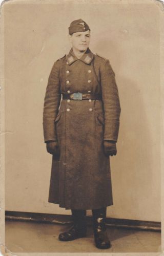 Vintage Old Photo Military German Soldier Cap Trench Coat Belt F3