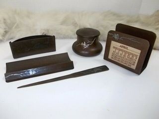 Antique Arts Crafts Heintz Sterling Silver/ Dark Brown Bronze 5pc Set