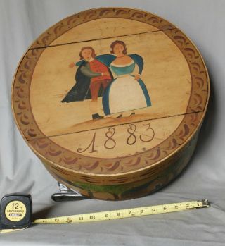 Antique Folk Art Cheese Box Hand Painted Decorated Dated 1883 Signed S.  Nolan