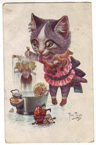 By Arthur Thiele Cat,  Toy Mouse And Doll Vintage Postcard 58